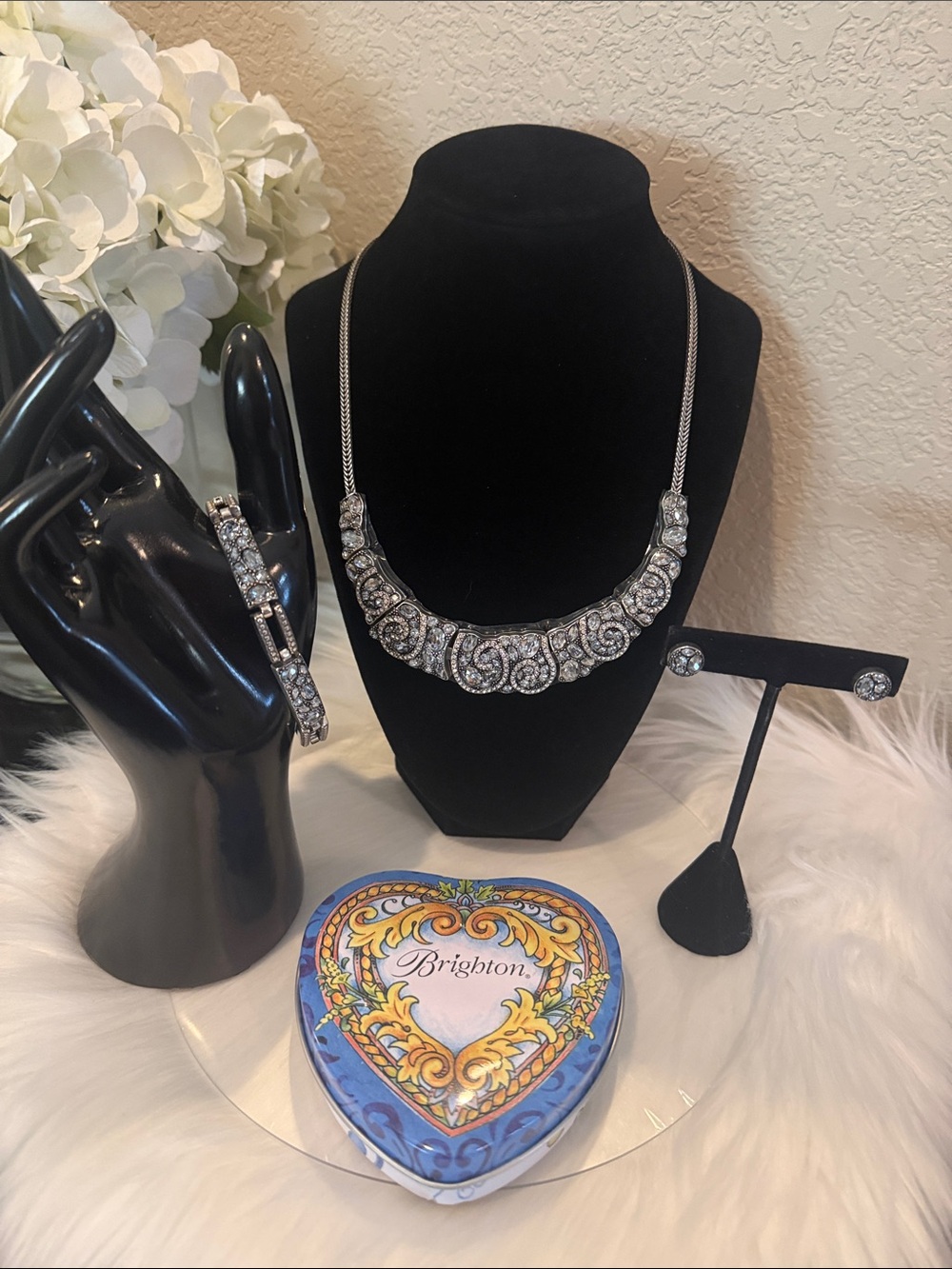 💎Rare Brighton Vintage Silver Crystal Bib Necklace Set with Bracelet & Studs - Picture 3 of 3